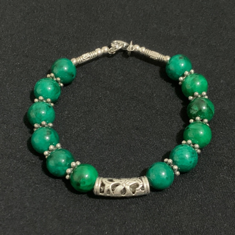 Jade Silver Beaded Bracelet 9”